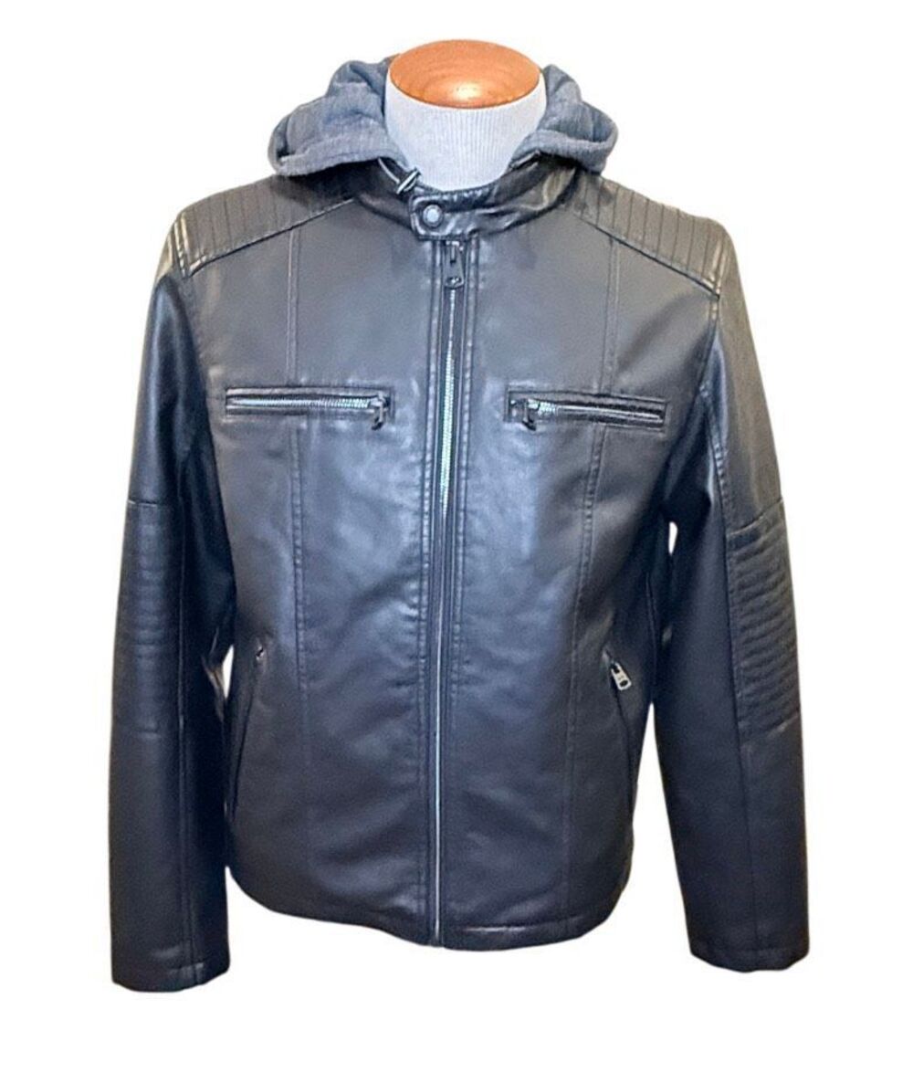 Levi's Men's Faux-Leather Hooded Zip Jacket Black Vintage Sz. Small